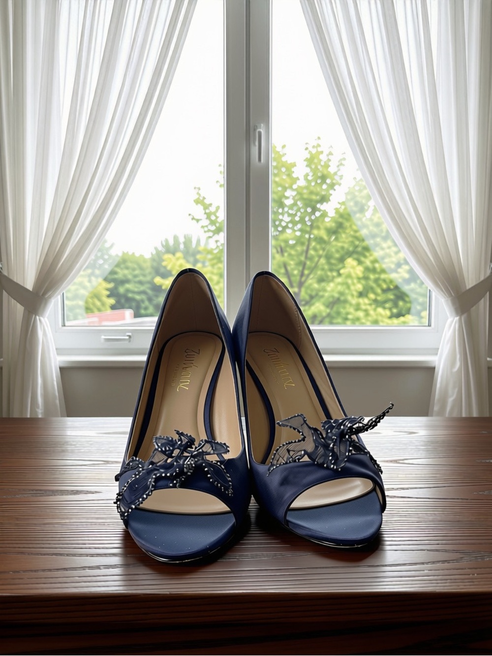 Badgley Mischka Navy Satin Peep-Toe Heels with Embellished Bow